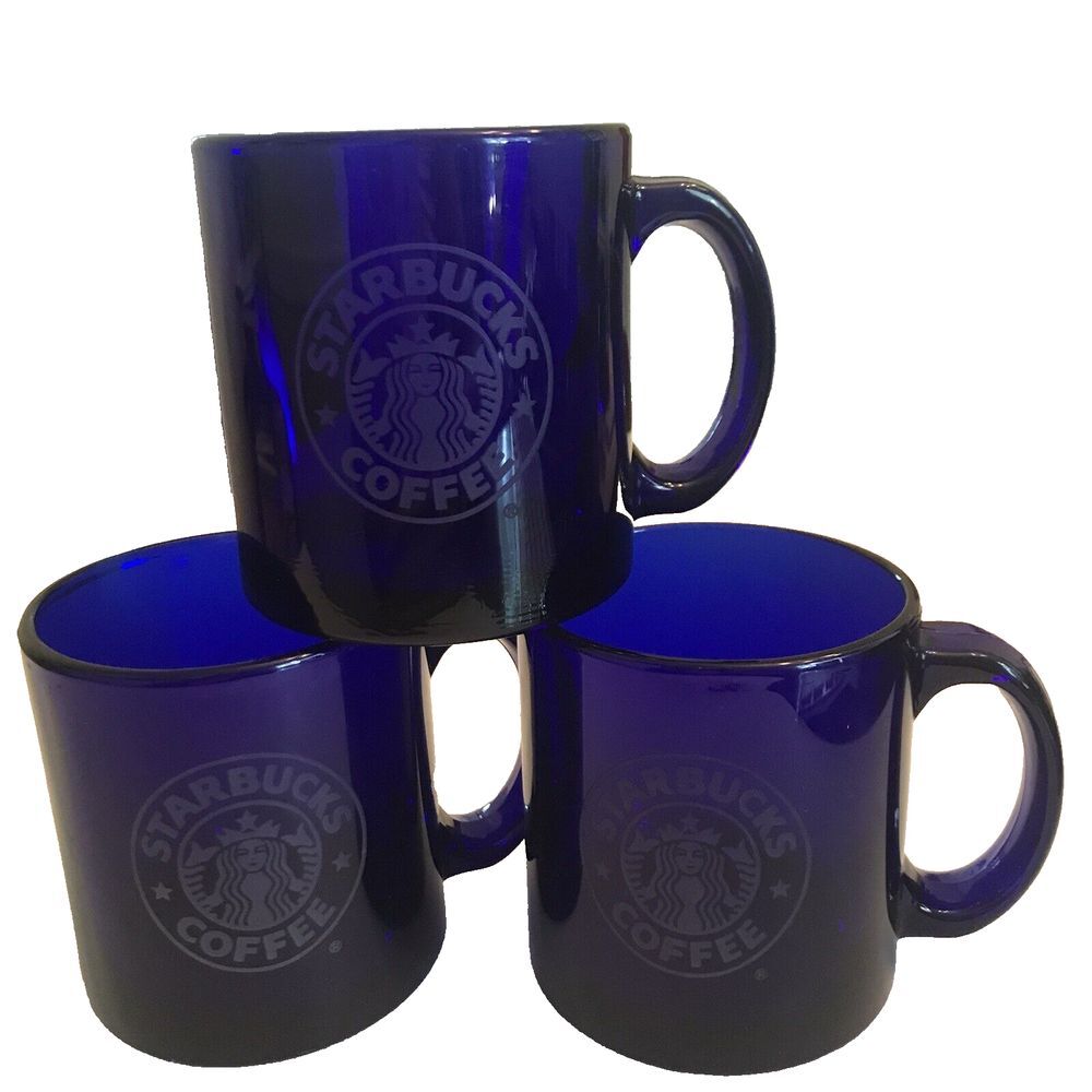Starbucks Glass Coffee Mugs Cobalt Blue Etched Mermaid Logo USA Set of 3  12 oz